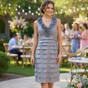 London Times Charcoal Ruffled Midi Dress